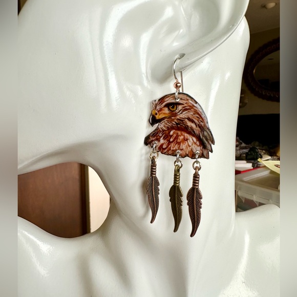 Beautiful handpainted red tail hawk earrings w feather charms silver wires OOAK - Picture 6 of 6